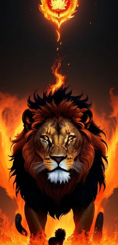 Fiery lion artwork with intense flames, creating a dynamic mobile wallpaper.