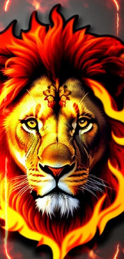 Lion with fiery mane on textured dark background.