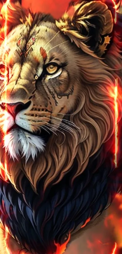 Fiery lion illustration with bold colors and detailed features.