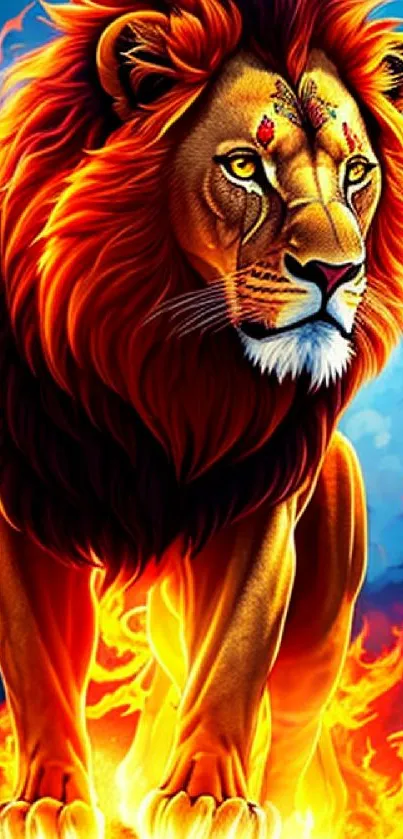 Fiery lion with vibrant mane and flames background on mobile wallpaper.