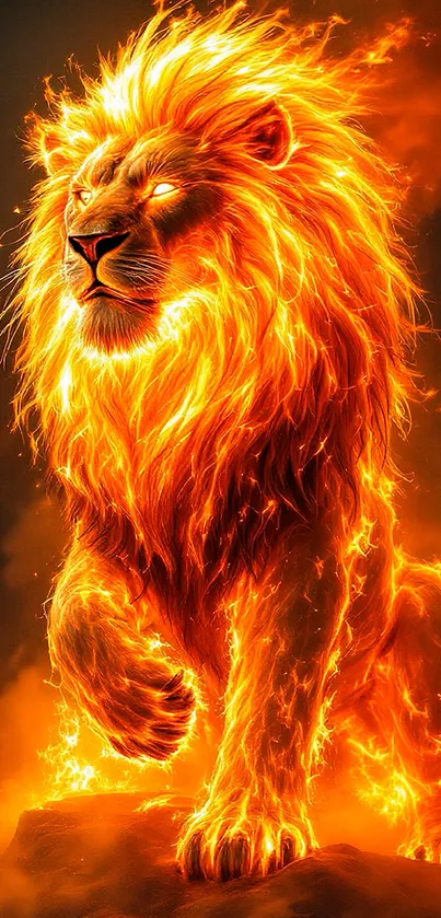 Fiery lion with blazing flames mobile wallpaper.