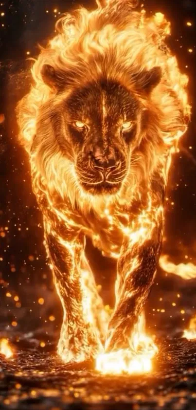 Fiery lion with glowing mane in stunning mobile wallpaper.