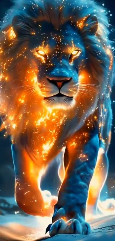 Fiery orange and blue lion wallpaper for mobile.