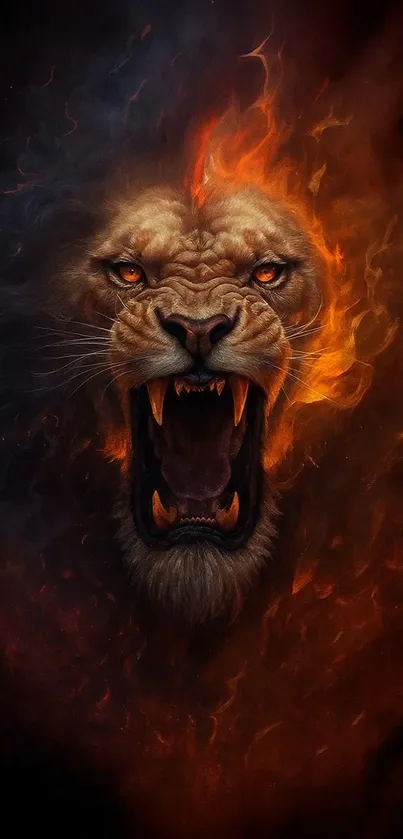 Roaring lion in fiery flames wallpaper.