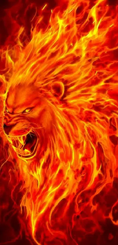 Fiery lion wallpaper with blazing orange flames in dynamic motion.