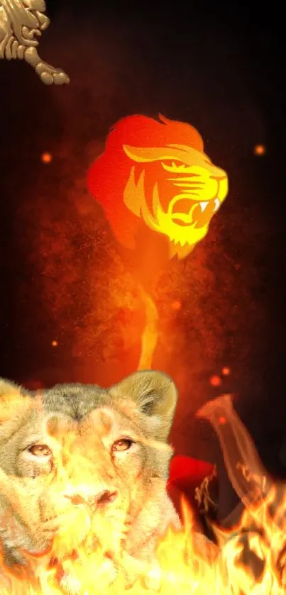 Fiery lion with artistic fire effects and bold design for mobile wallpaper.