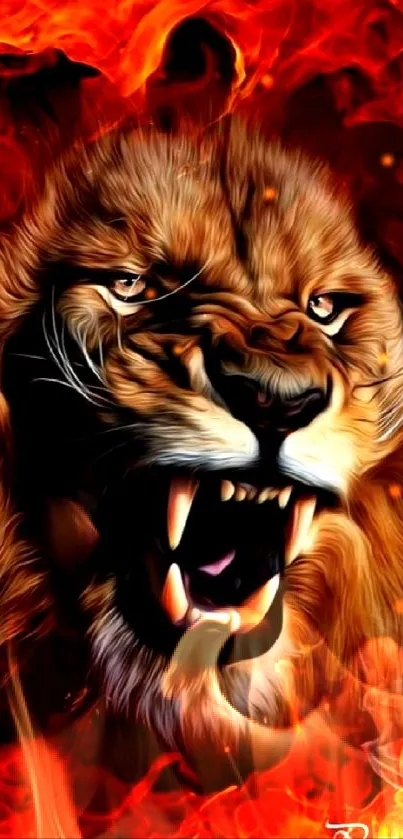 Roaring lion surrounded by fiery flames on a bold mobile wallpaper.