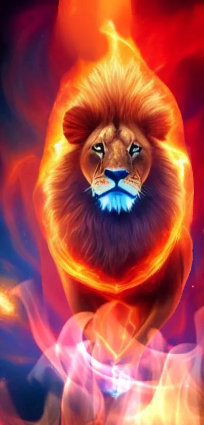 Dynamic lion with fiery design on mobile wallpaper.