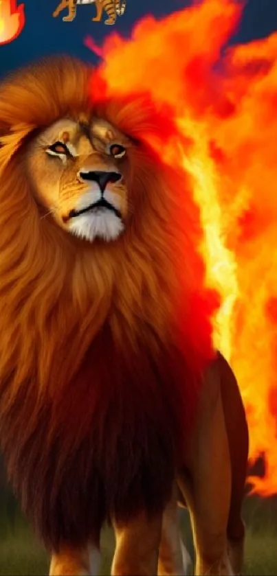 Majestic lion with fiery backdrop on mobile wallpaper.