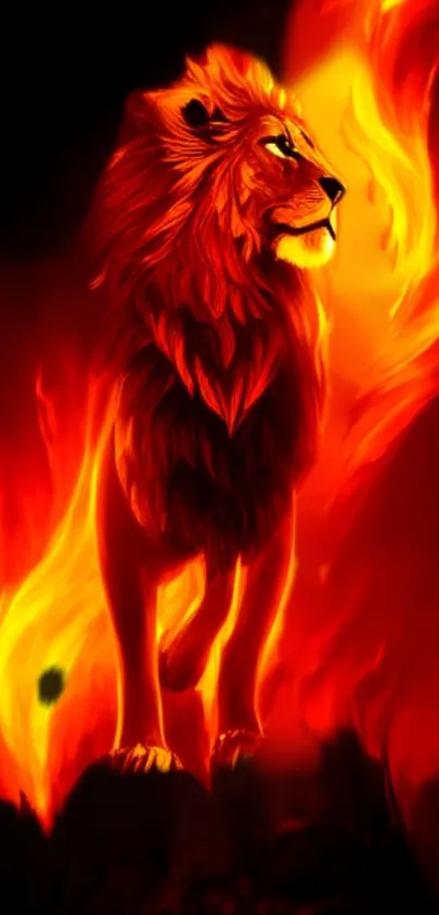 Majestic fiery lion in a blazing background for mobile wallpaper.