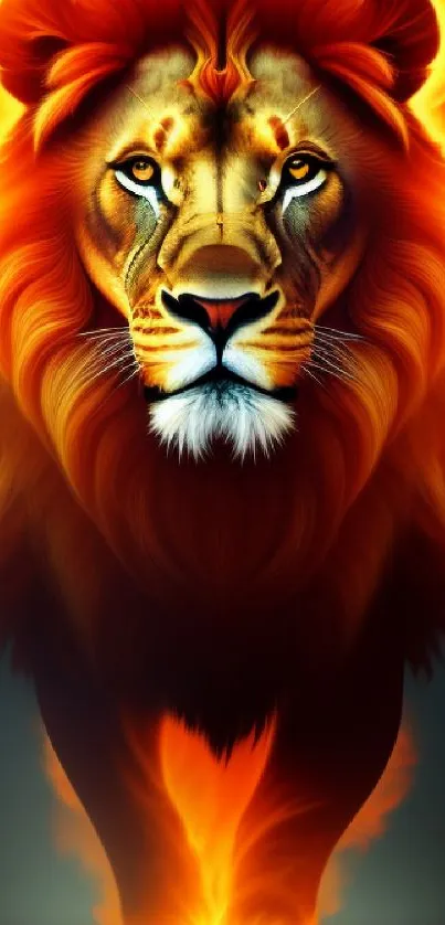 Fiery lion with flame-like mane, vibrant mobile wallpaper.