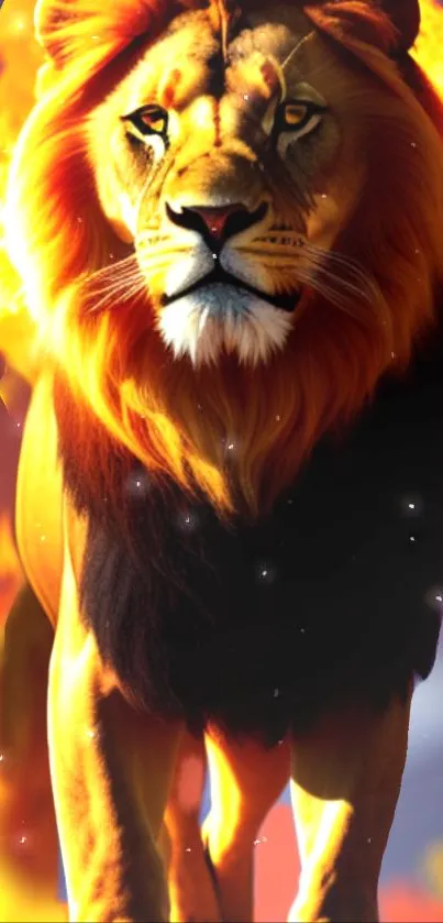 Fiery lion with flames in background on mobile wallpaper.