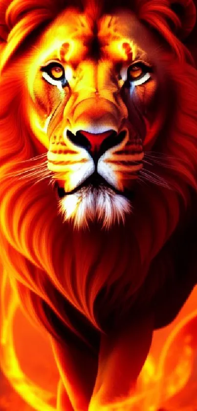 Fiery lion with intense gaze in a blazing orange landscape.