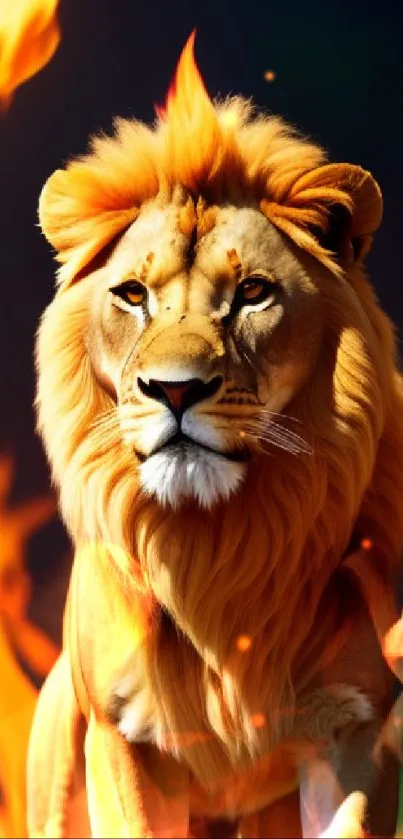 Majestic lion with fiery mane on mobile wallpaper.