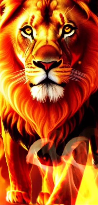 Vibrant fiery lion with flames mobile wallpaper.