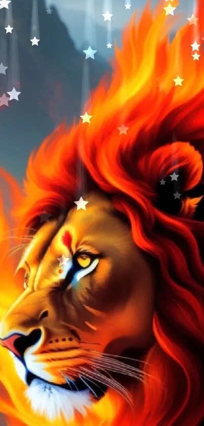 Artistic depiction of a fiery lion with vibrant orange flames.