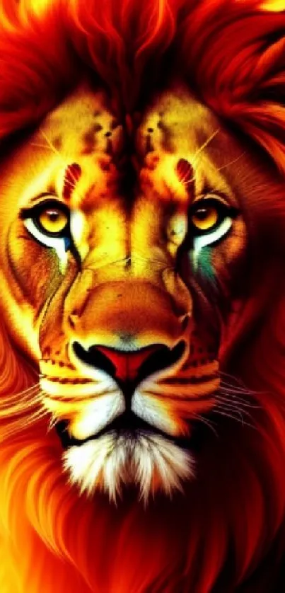 A majestic fiery-maned lion with a vibrant and artistic look on a mobile wallpaper.