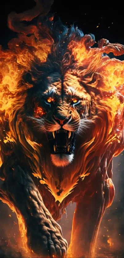 Dynamic fiery lion artwork with intense flames and vivid colors.