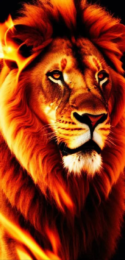 Vibrant image of a lion surrounded by flames in a bold, fiery mobile wallpaper.