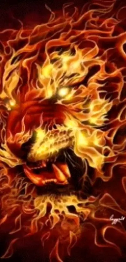 Fiery lion face with glowing forest flames in artistic wallpaper.