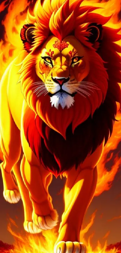 Majestic fiery lion mobile wallpaper with vibrant orange flames.