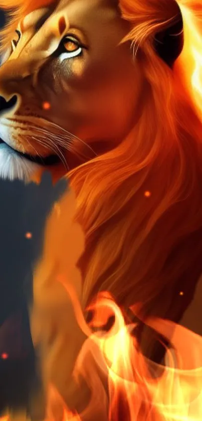 Majestic lion with fiery mane on mobile wallpaper.