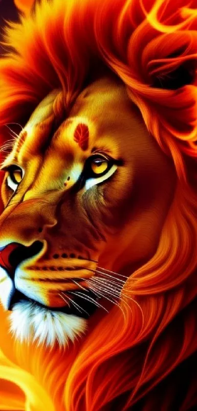 Majestic lion with fiery mane in vibrant mobile wallpaper.