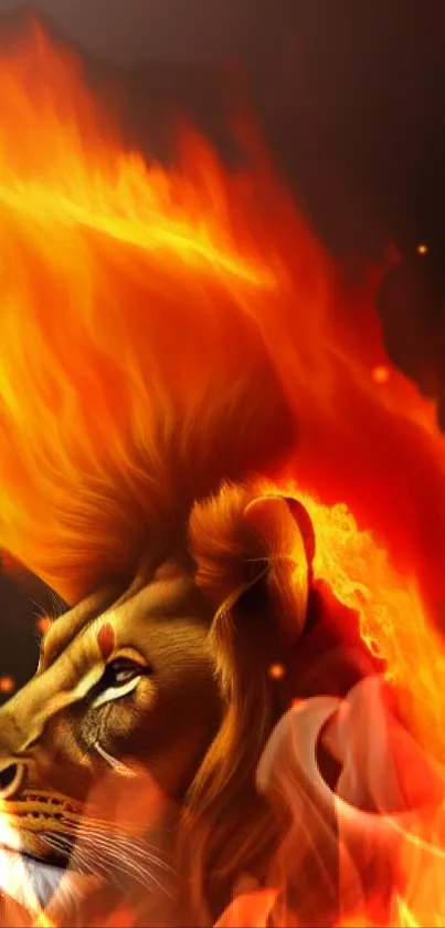 Fiery lion head with vibrant flames background for mobile wallpaper.