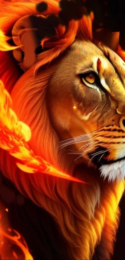 Fiery lion with orange flames wallpaper, perfect for phones.