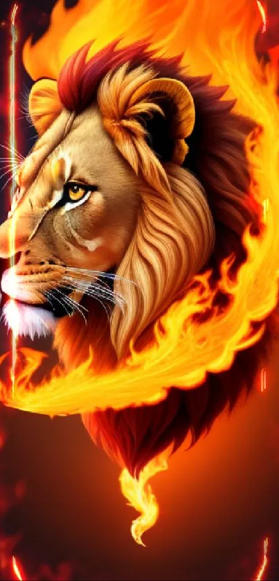 Fiery lion with flames on black wallpaper.