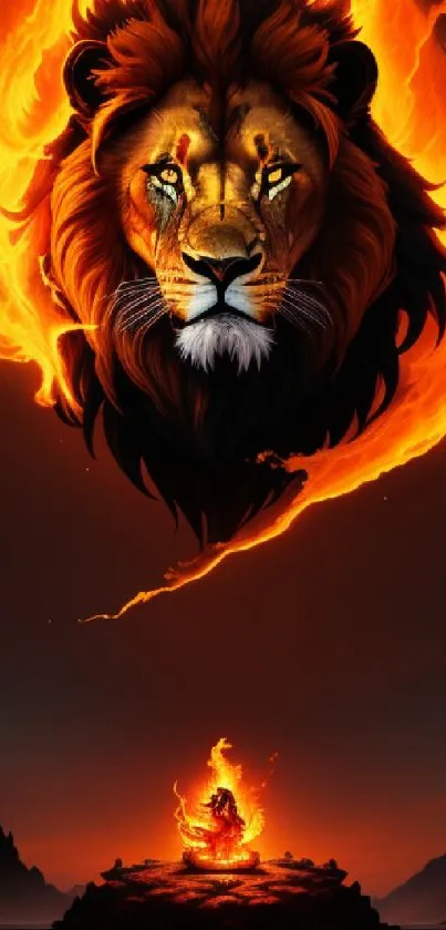 A fiery lion head emerging from flames in dramatic orange and black tones.