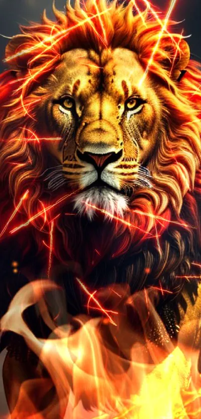 Majestic lion with fiery mane mobile wallpaper, vibrant and dramatic design.