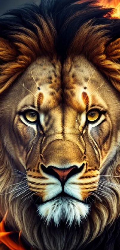 Fierce lion in fiery flames mobile wallpaper.