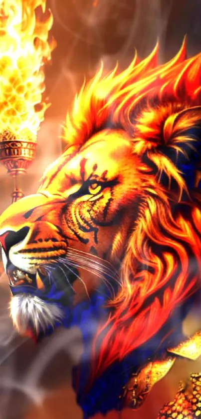 Fiery lion with a blazing mane in vibrant colors.