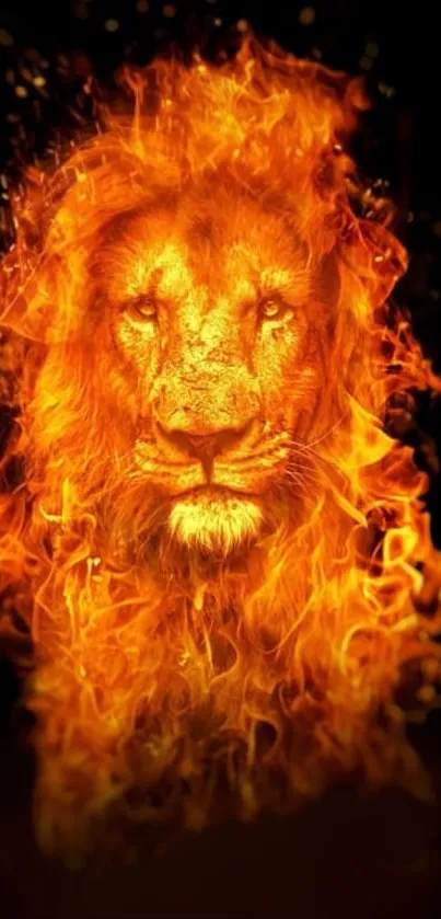 Fiery lion with a mane of flames set against a dark background.