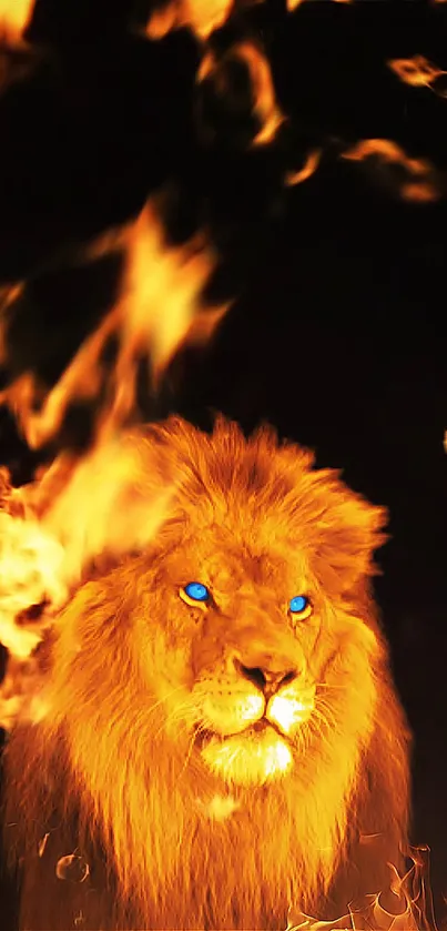 Fiery lion surrounded by flames, radiating bold and vibrant energy.