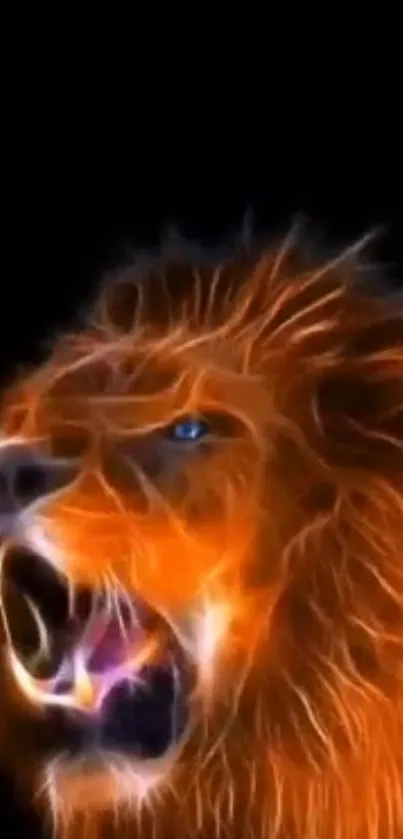 Roaring lion in fiery neon colors on a mobile phone wallpaper.