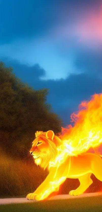 Fiery lion with blazing mane in vibrant night setting.