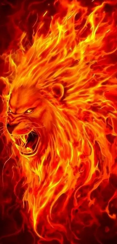 Fiery lion with blazing mane wallpaper, intense fire art.