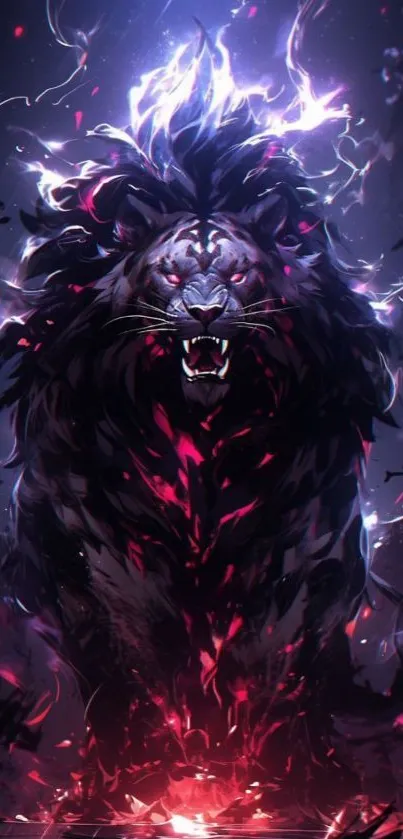 Fiery lion with electric mane on a dark background.