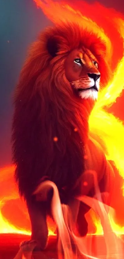 Bold lion stands against swirling fiery background on phone wallpaper.