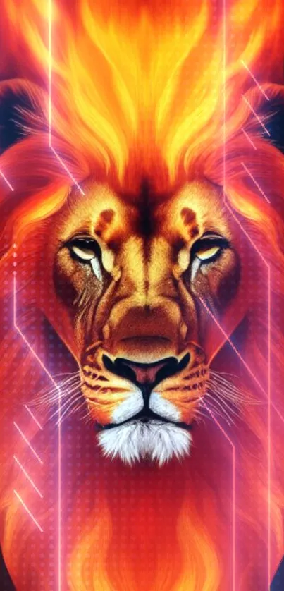 Fiery lion head with vibrant orange mane in digital wallpaper.