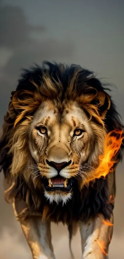 Lion with fiery mane on phone wallpaper, bold and dynamic design.