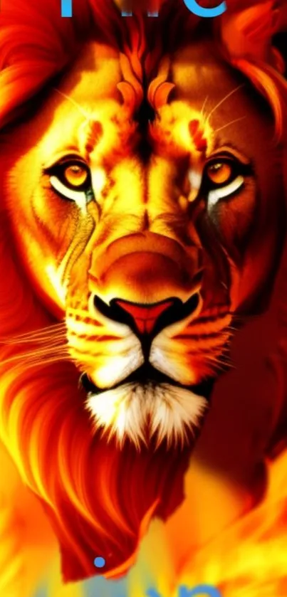 Majestic, fiery lion on a vibrant wallpaper.