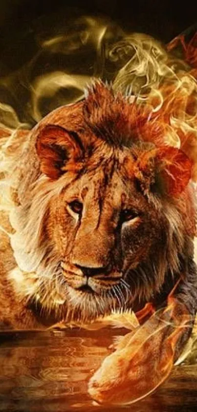 Fiery lion surrounded by flames as wallpaper.