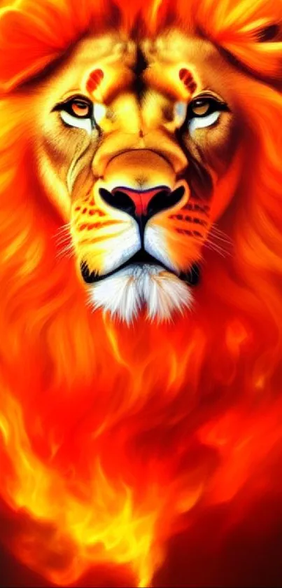 Fiery lion head with vibrant orange mane as mobile wallpaper.