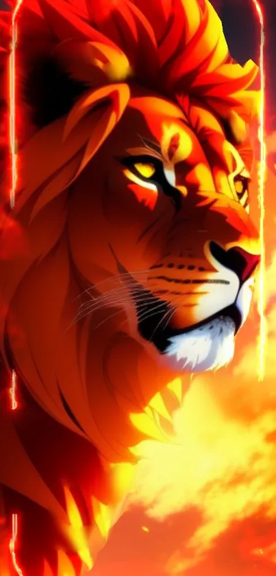 Fiery lion with orange flames in digital art wallpaper.