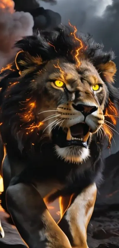 Fiery lion with lightning amid volcanic backdrop.