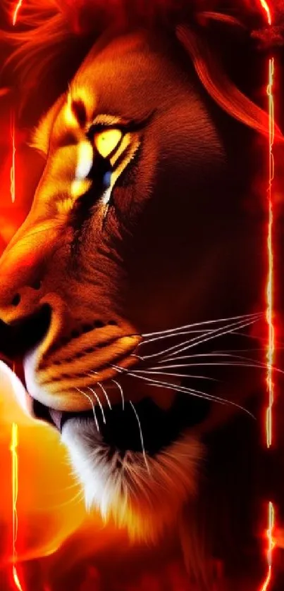 Fiery lion profile with orange flames wallpaper.