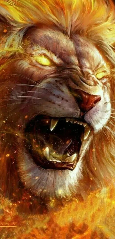 Fiery lion roaring with vibrant flames and intense expression.